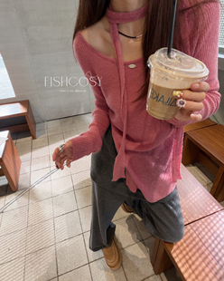 独家定制羊驼羊毛大领口长款 针织带飘带两件套