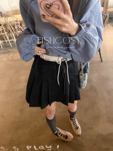 内里带安全裤 fish Miu风双层拼接设计 拼色腰头抽绳百褶半裙