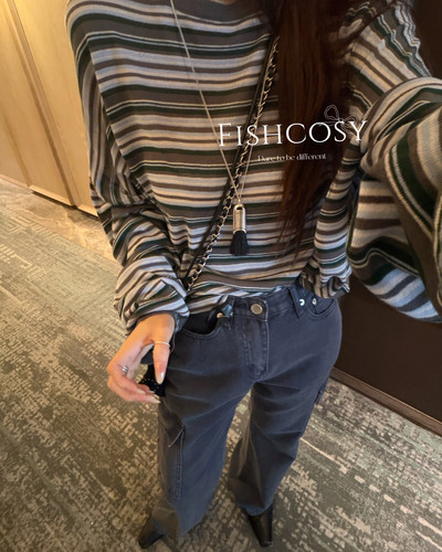 复古条纹撞色宽松休闲长袖针织衫 韩国秋季新品