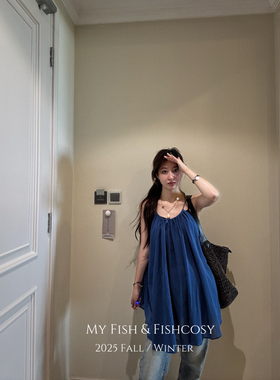 韩国现货！超美 宝蓝色吊带裙衣 棉麻大散摆度假感上衣 My fish