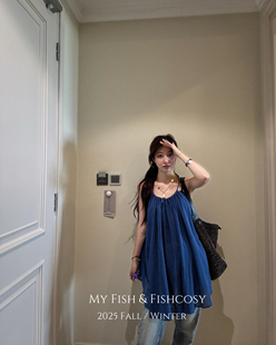 韩国现货 棉麻大散摆度假感上衣 宝蓝色吊带裙衣 fish 超美