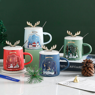 北欧风圣诞礼盒陶瓷水杯雪人鹿角卡通马克杯带盖勺咖啡杯代写贺卡
