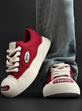 【香港&轻奢】何浩楠同款帆布鞋男2025新款开口笑厚底红色大头鞋