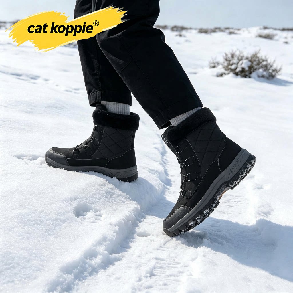 Cat Koppie黑色菱格绗缝防滑耐磨男士雪地靴防水布保暖加绒高帮鞋