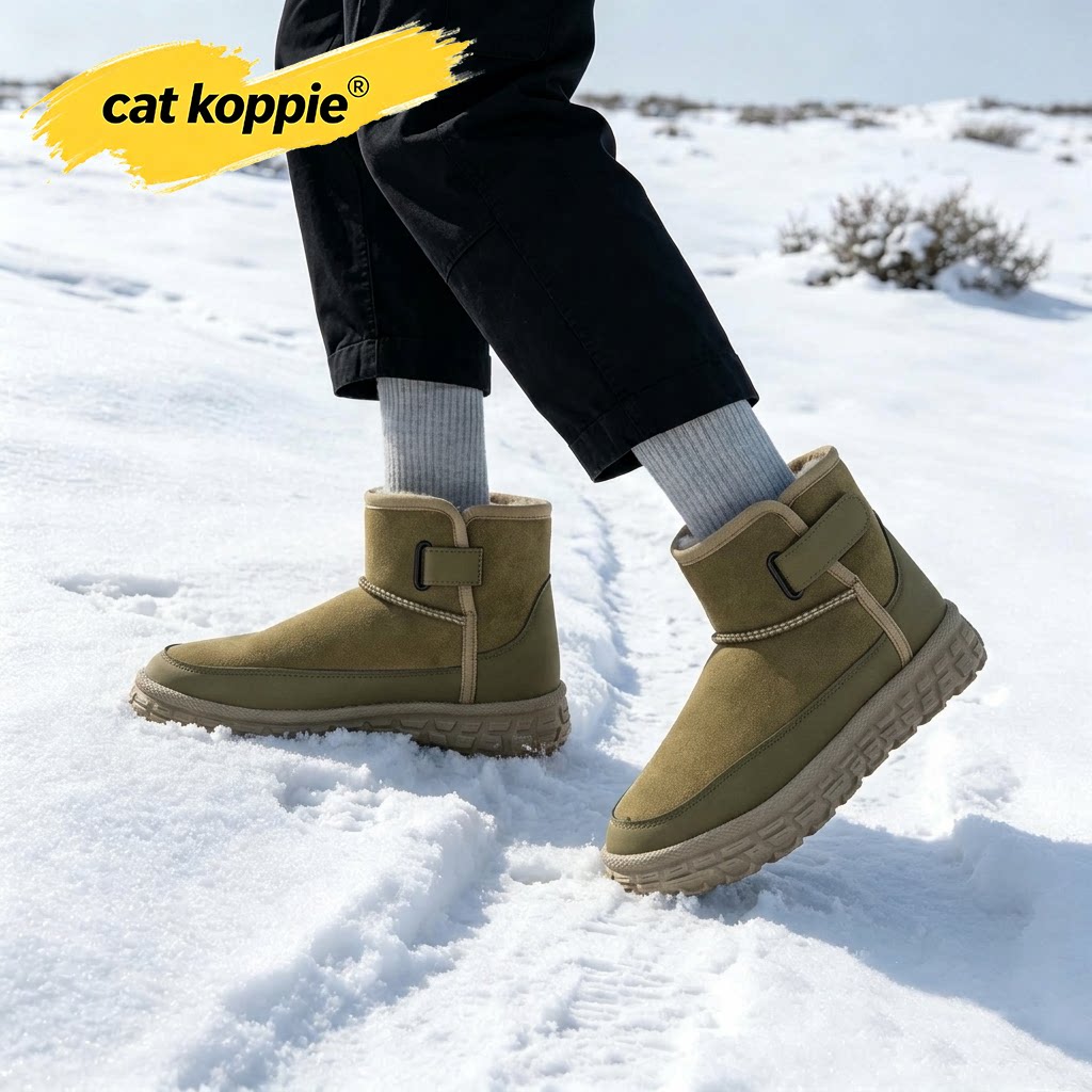 Cat Koppie橄榄绿加绒防滑厚软底男士雪地靴绒面保暖抗寒短筒男鞋