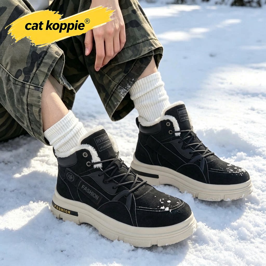 Cat Koppie黑色复古加绒厚底防滑耐磨高帮工装反绒皮防寒系带男鞋