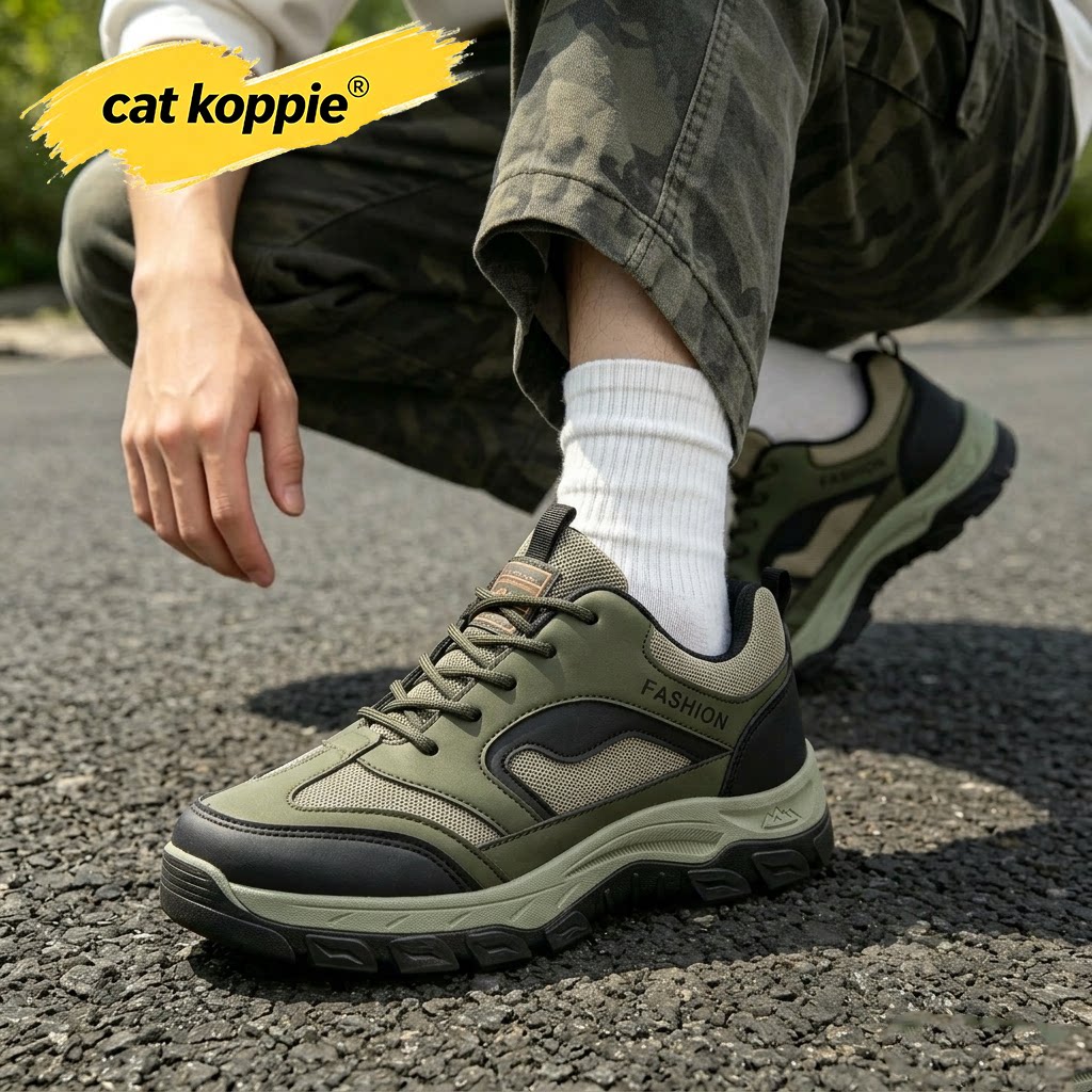 Cat Koppie军绿拼接厚底缓震防滑户外登山鞋网面透气耐磨低帮男鞋