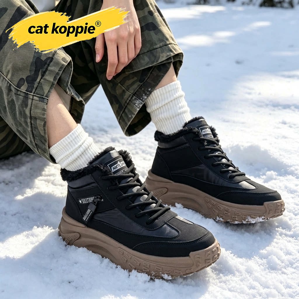 Cat Koppie黑棕加绒加厚厚底防滑高帮老爹鞋布面保暖舒适耐磨男鞋