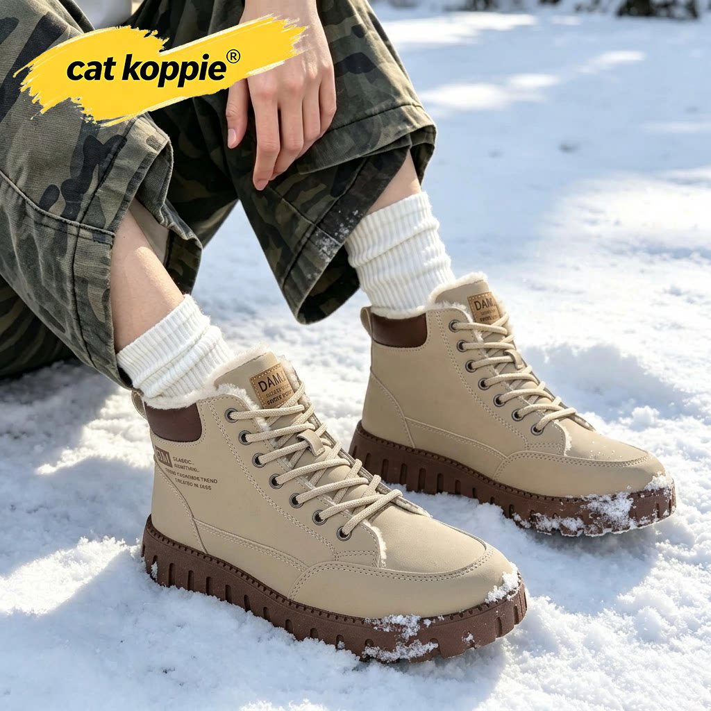 Cat Koppie卡其色缝线工艺防滑厚底高帮人造皮革加绒保暖系带男靴