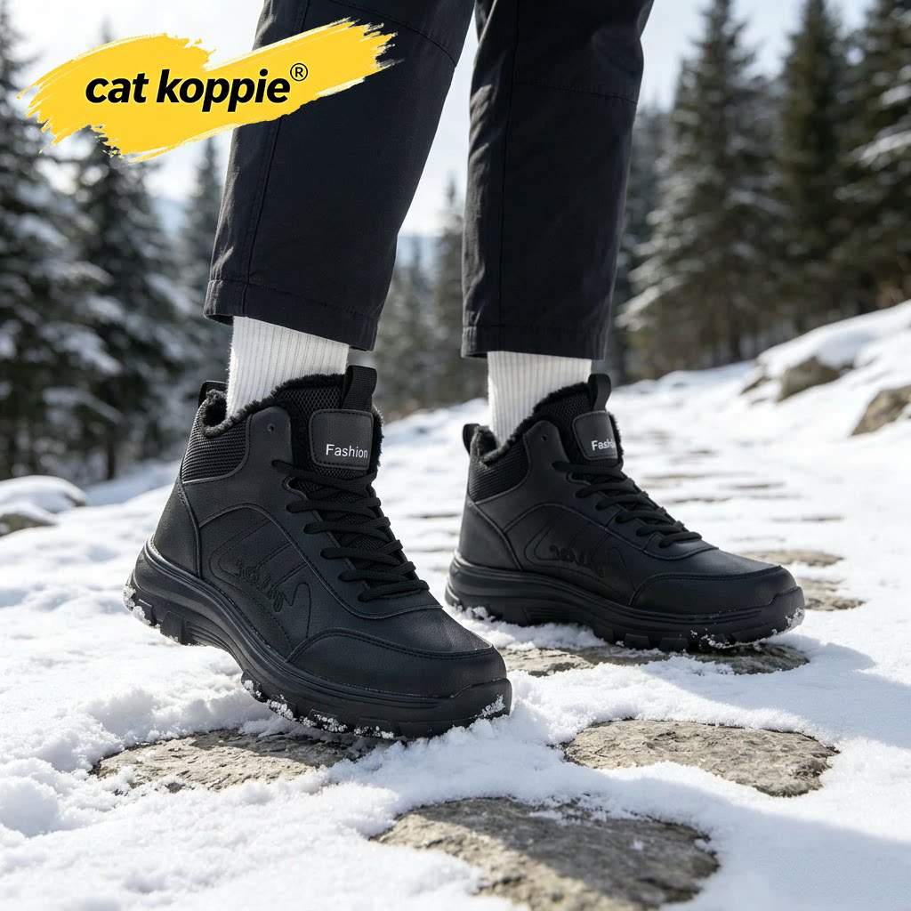Cat Koppie黑色加绒保暖防滑耐磨户外休闲人造革防寒高帮系带男鞋