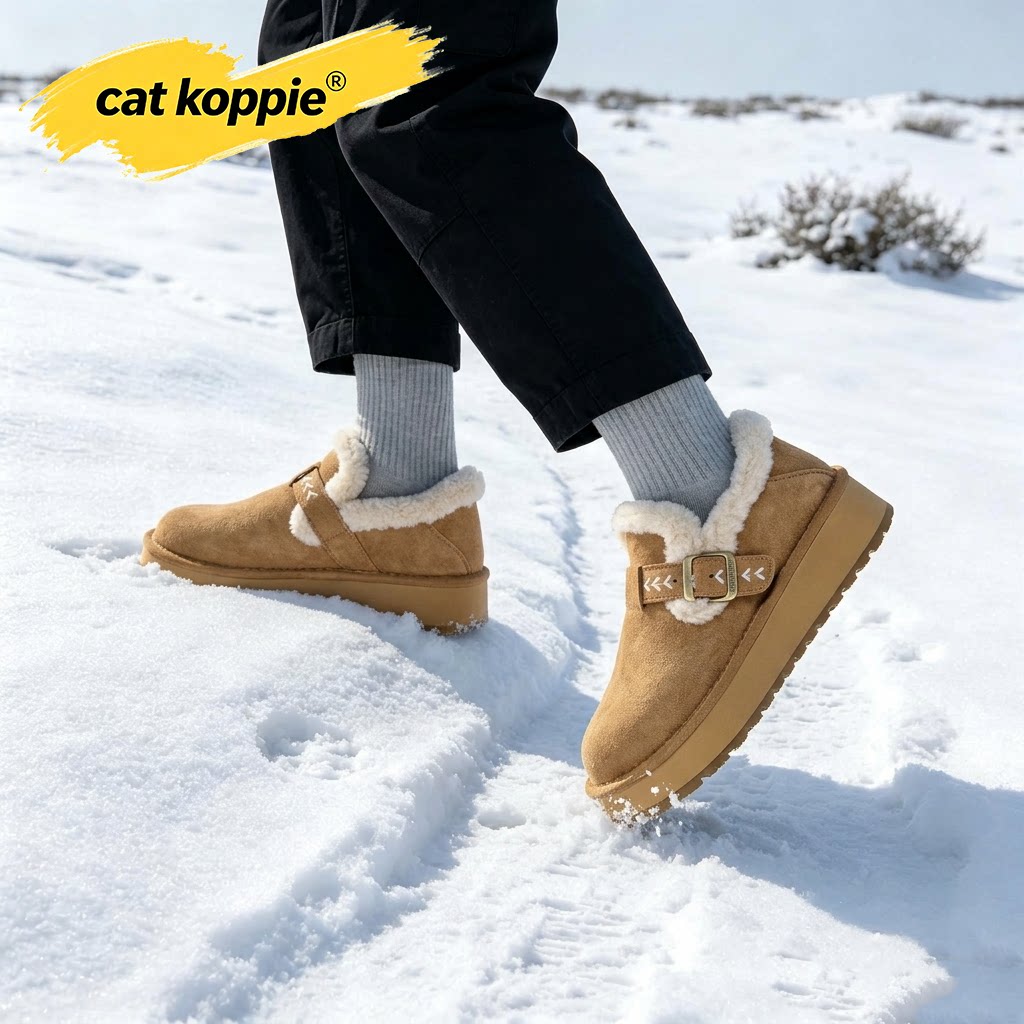 Cat Koppie驼色加绒加厚厚底防滑男士雪地靴绒面保暖低帮搭扣男鞋