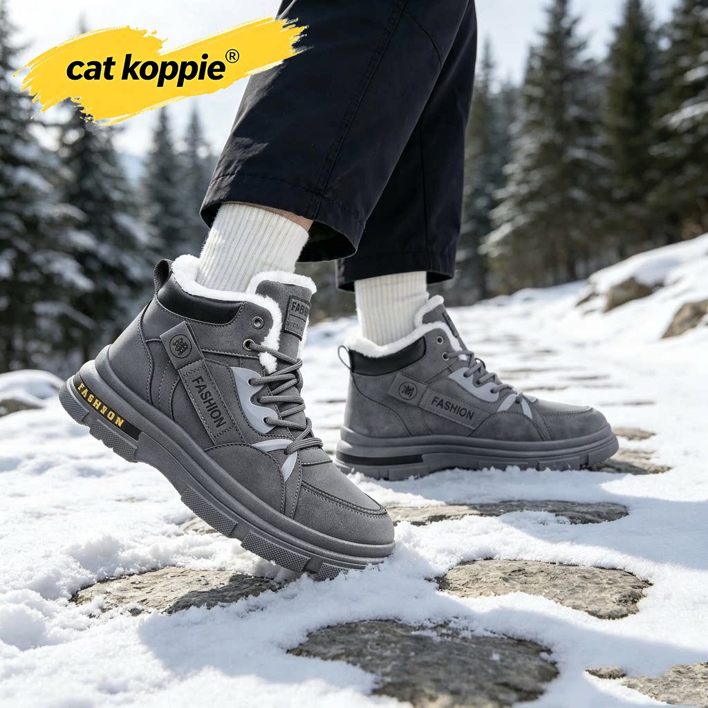 Cat Koppie灰复古工装厚底防滑耐磨高帮磨砂保暖防寒加绒内里男鞋