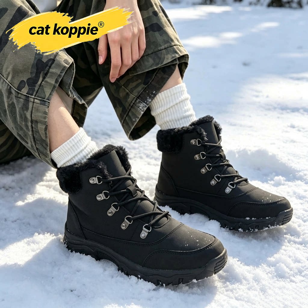 Cat Koppie黑色加绒防滑耐磨户外登山款防水保暖系带高帮男士男靴