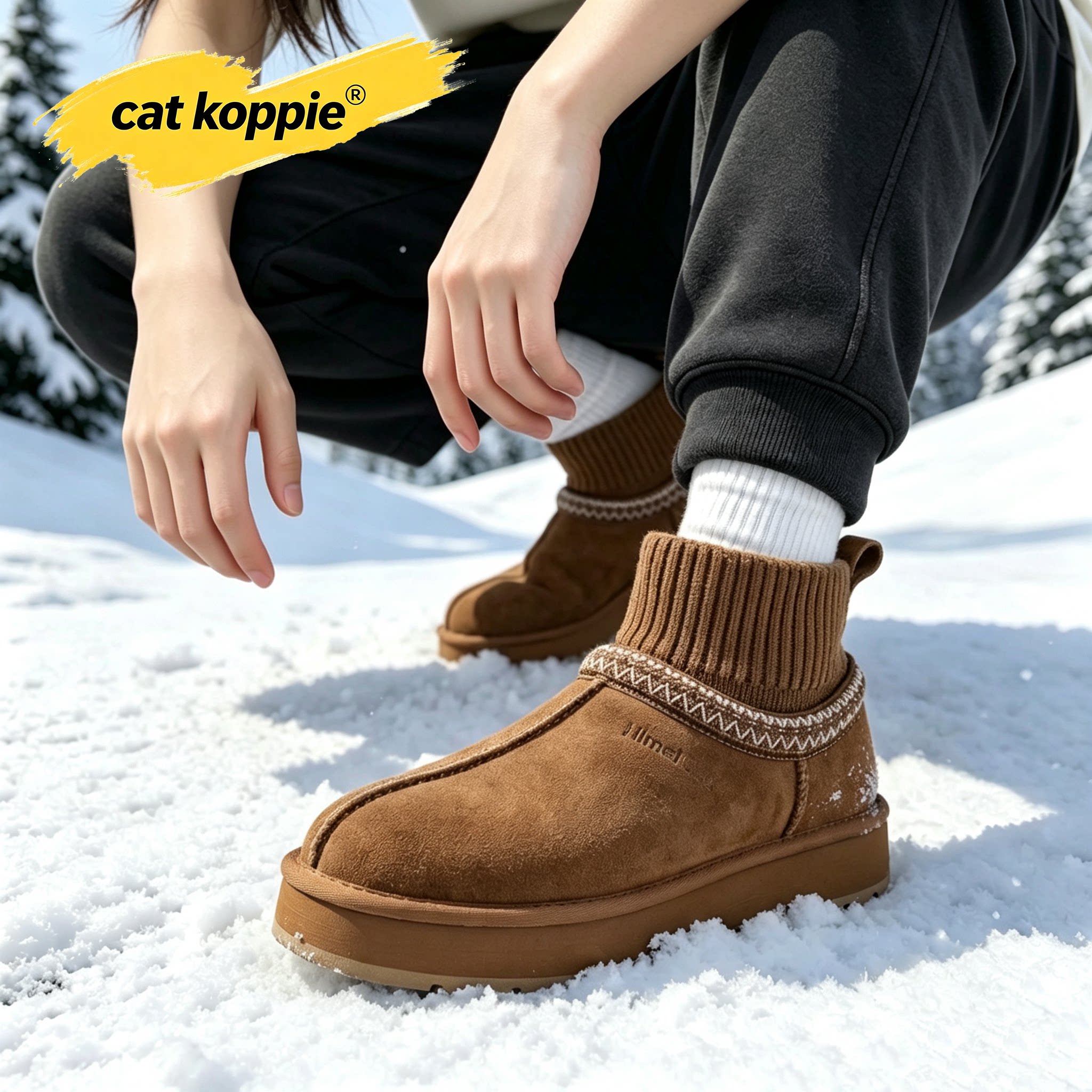 Cat Koppie2026新款冬季厚底雪地绒皮保暖雪地靴女加绒加厚