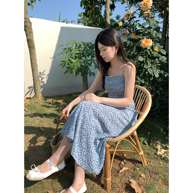 实拍小个子性感碎花吊带裙女韩国chic春夏后背打揽设计连衣裙3208