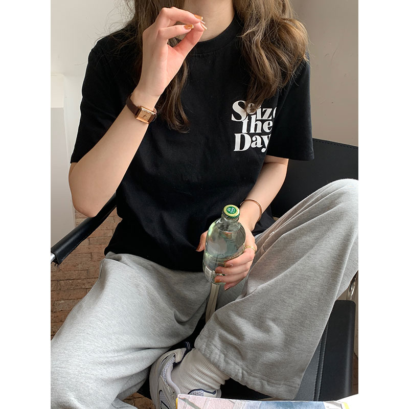 Real shot front and back letter printed T-shirt women's new loose Casual Short Sleeve Top