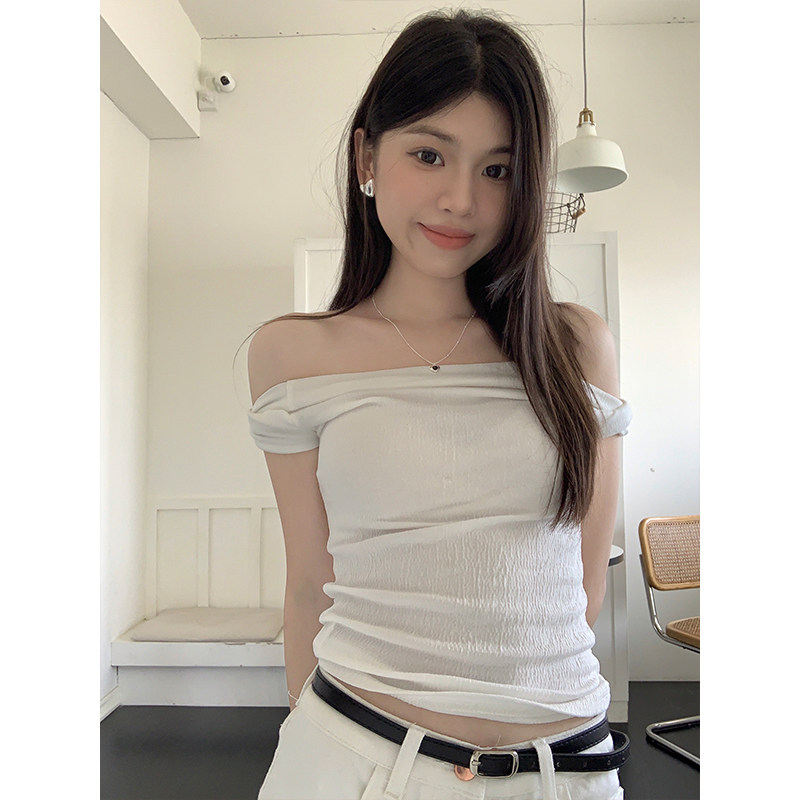 实拍2023辣妹一字肩褶皱短袖T恤女夏季新款白色漏肩短款上衣2926
