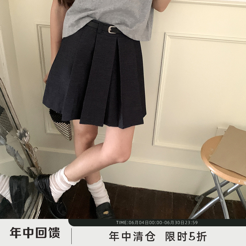 yesroom「常青藤」2025夏季miu系藏青色显瘦高腰百褶A字半身短裙