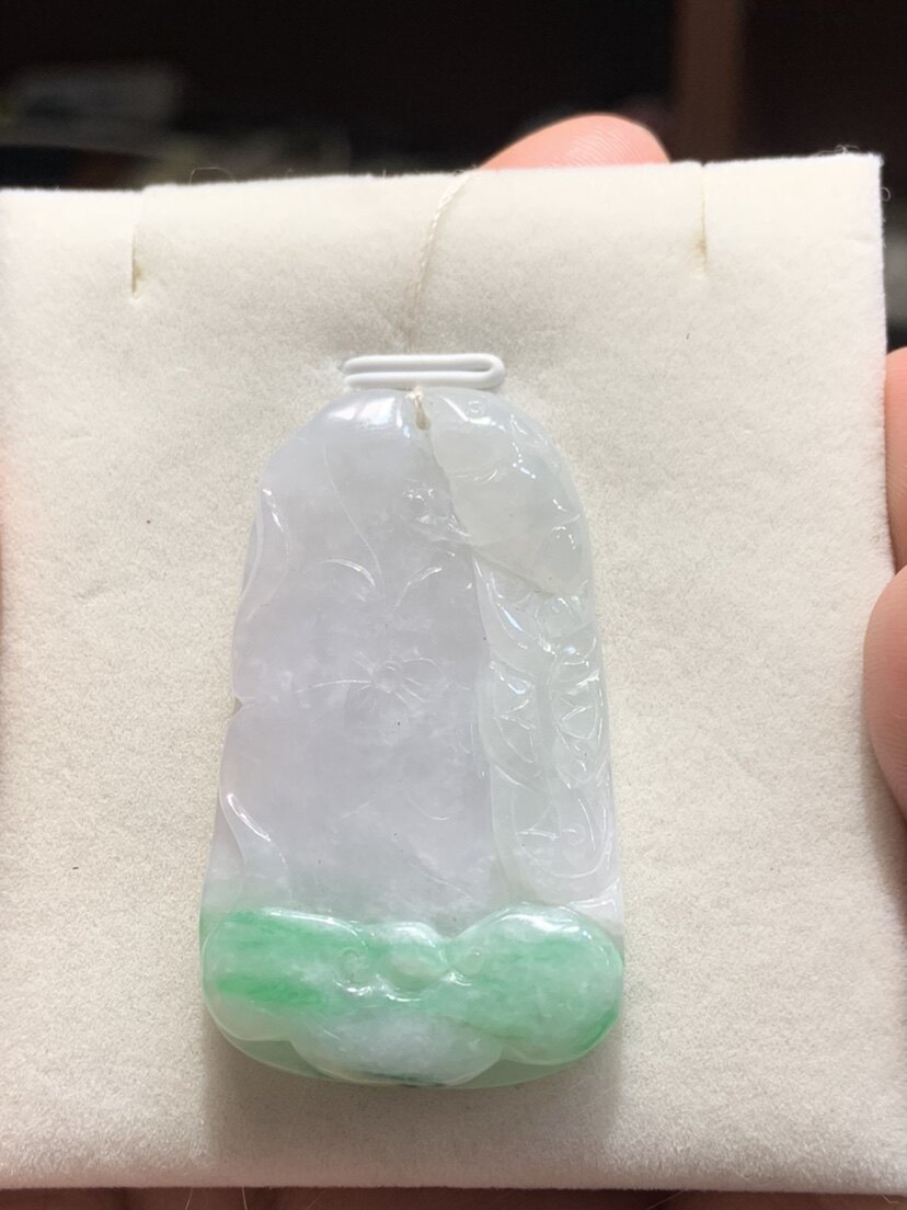 天然A货翡翠玉吊坠 荷叶鱼挂件 糯冰种阳绿莲叶锦鲤玉佩 挂坠玉坠
