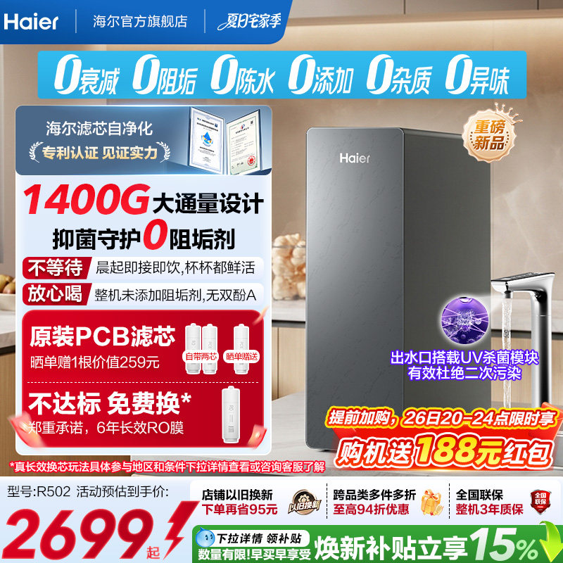 新品海尔净水器鲜活水自净化家用直饮长效反渗透1400G净饮机P5