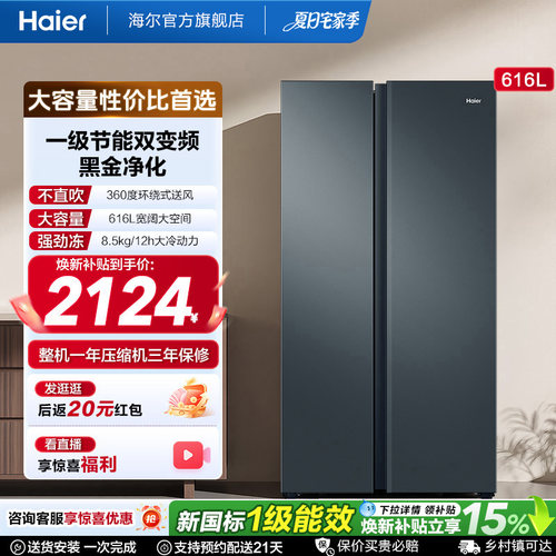 海尔616L对开门一级大容量冰箱