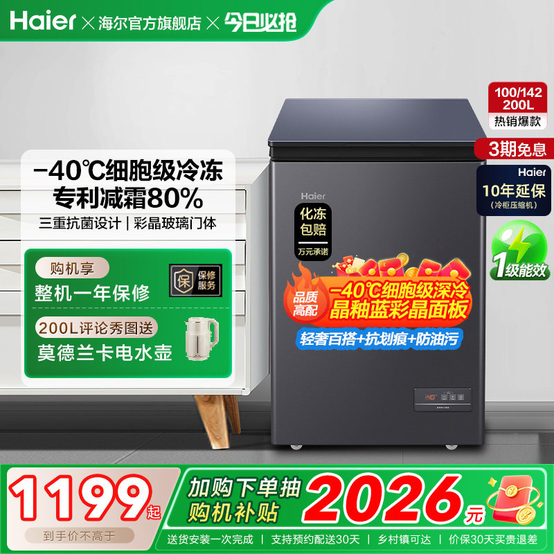 海尔100/142/200升冷藏小冰柜一级家用商用零下-40℃冰箱冷柜