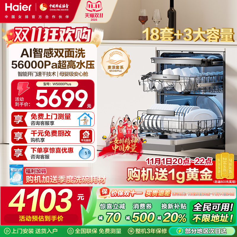 海尔麦浪洗碗机变频双面洗18套家用全自动嵌入式可消毒W5000Plus