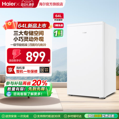 海尔64L母乳储奶冷冻柜迷你家用保鲜冰柜小型立式1级节能冷柜冰箱