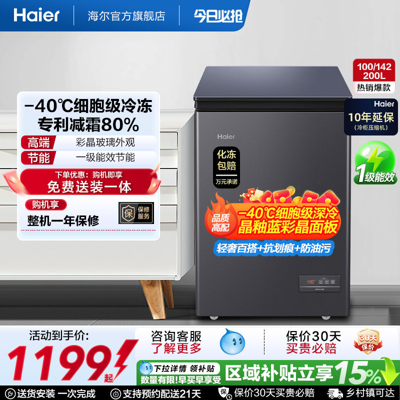 海尔100/142/200升冷藏小冰柜一级家用商用零下-40℃冰箱冷柜