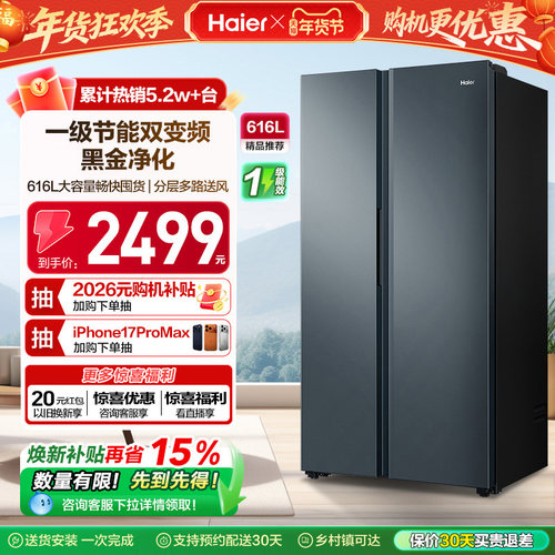 海尔616L对开门一级大容量冰箱