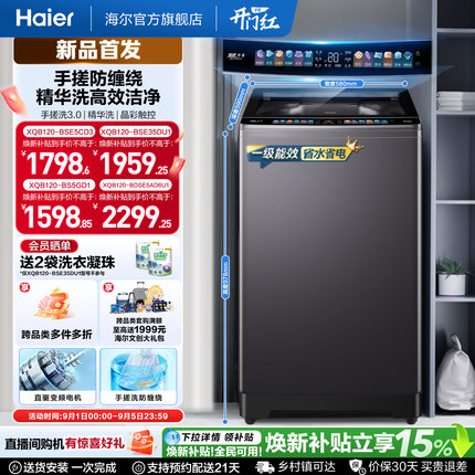 国家补贴|海尔洗衣机小红花12kg手搓波轮大容量全自动除螨5CD3