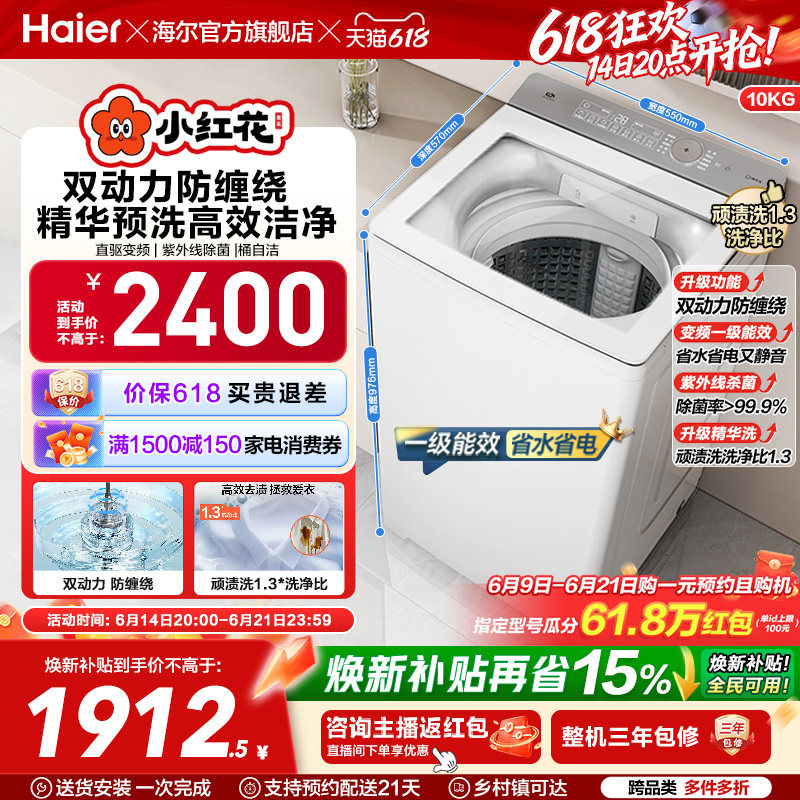 海尔小红花波轮双动力精华洗10kg大容量家用全自动洗衣机73M