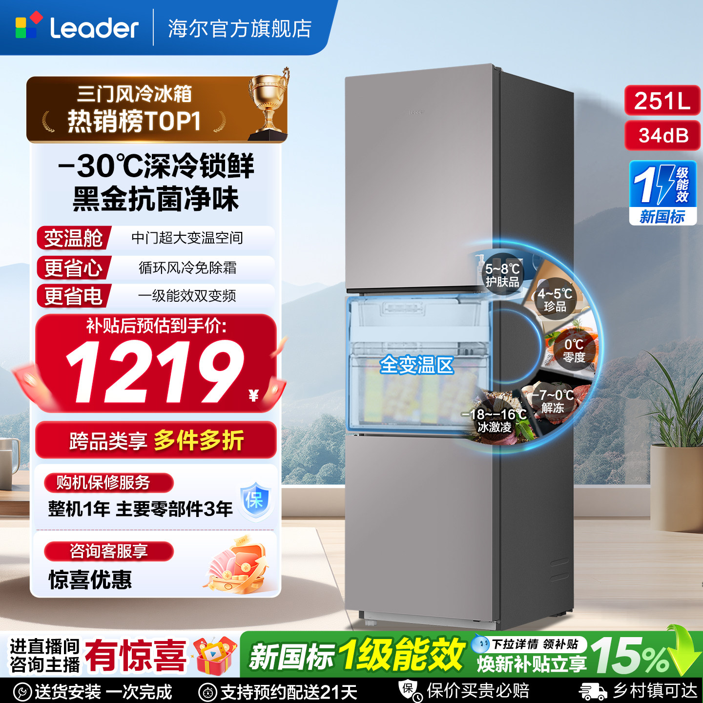 海尔统帅三门251L一级风冷电冰箱图片