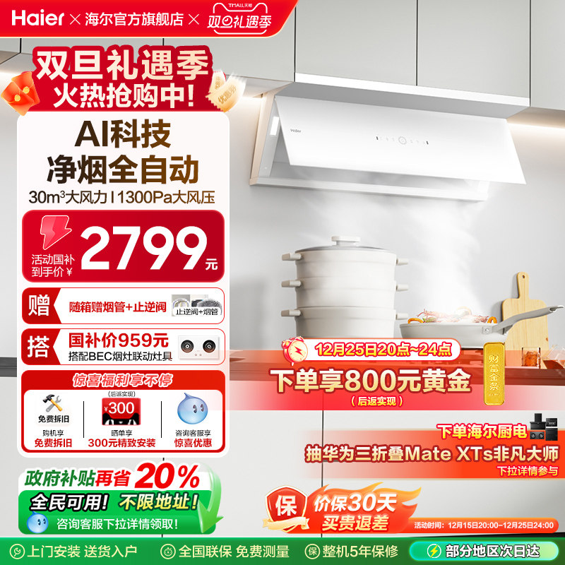 海尔全自动C50Max抽油烟机小红花家用厨房吸油烟机变频静音白色