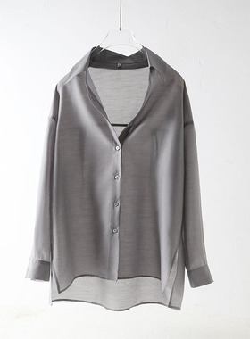 夏季长袖天丝轻薄款衬衫防晒衣女外穿宽松灰色防紫外线2025新款潮