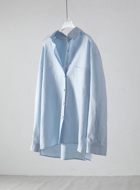 中长款浅蓝色长袖衬衫女极简风宽松开衩设计感百搭显瘦通勤衬衣