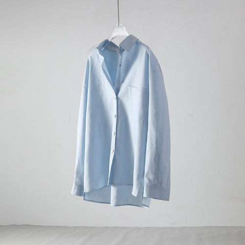 浅蓝中长款极简开衩显瘦女衬衫