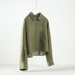 透气棉麻 橄榄绿长袖衬衫女 春秋棉麻短款舒适宽松慵懒风上衣