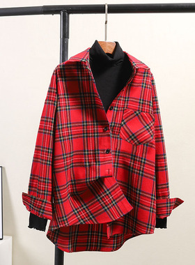 纯棉格子衬衫女复古红色方领叠穿中长款宽松磨毛长袖韩版衬衣新品