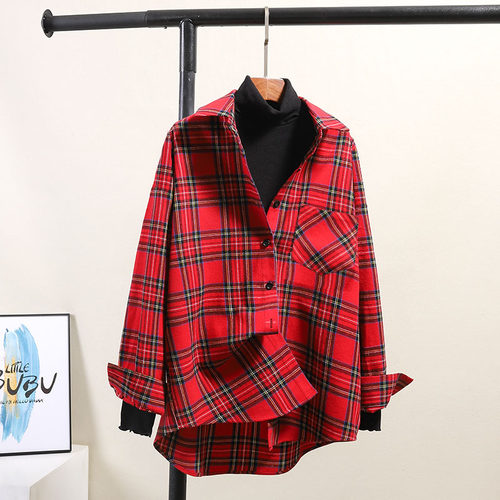 红色叠穿中长款磨毛格子衬衫新品