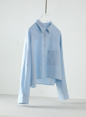 长袖棉麻女式短款衬衫宽松浅蓝色春秋新品文艺休闲上衣外搭衬衣
