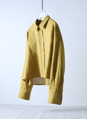 黄色亚麻短款衬衫女装宽松休闲开衫衬衣棉麻简约上衣春夏新品女装