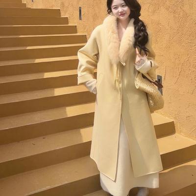 真狐狸毛领气质显瘦奶黄双面大衣