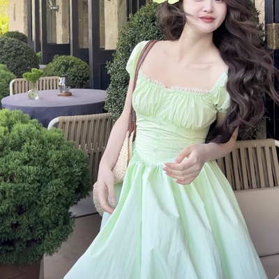 乔与乔伊 青苹果 法式苹果绿甜心花园连衣裙