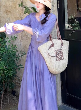 乔与乔伊 罗兰小饰 法式不规则炒色紫色连衣裙秋