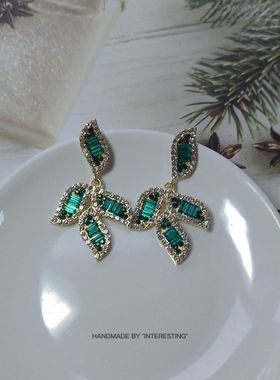 清新优雅气质绿色水晶锆石树叶耳环无耳洞不疼森林叶子蚊香盘耳夹