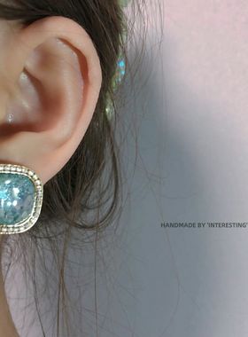 湛蓝色天空海洋贝壳碎片复古vintage耳环无耳洞不疼海蓝蚊香耳夹