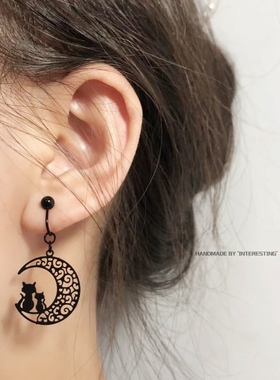 无耳洞不疼镂空月亮猫咪耳环黑色镂空剪纸月牙设计感无痛蚊香耳夹