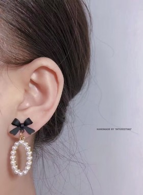 气质淑女黑色蝴蝶结珍珠耳环无耳洞不疼少女萝莉风无痛蚊香盘耳夹