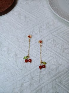 原創(chuàng)設計「紅了櫻桃」長款 紅瑪瑙水果耳環(huán)無耳洞無痛甜美蚊香耳夾